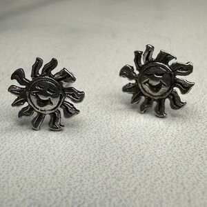 Y2K Sterling Silver Sun Face‎ Stud Earrings Happy Smiley Cute Gift